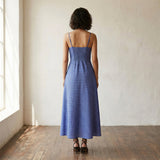 Navy Blue Checks Handspun Cotton Ankle Length Flared Sundress