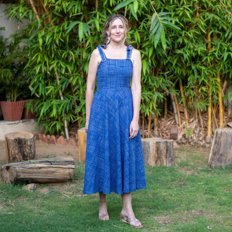 Navy Blue Checks Handspun Cotton Circular Strap Maxi Dress