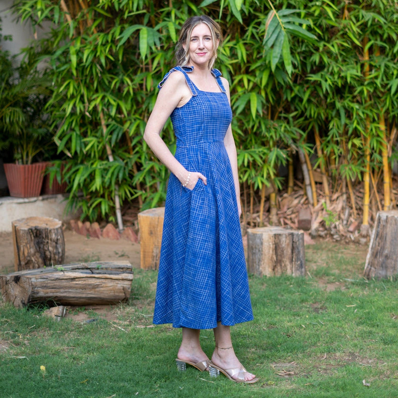 blue checks dress Collared Cocktail Dress