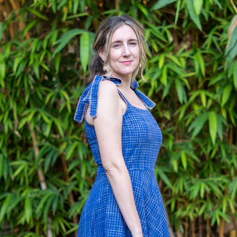 Navy Blue Checks Handspun Cotton Circular Strap Maxi Dress 34" / Custom Height (Free) Navy Blue Checks Handspun Cotton Circular Strap Maxi Dress 34" / Custom Height (Free)