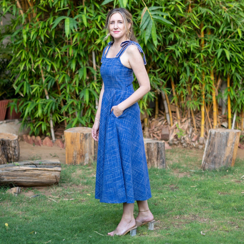 Navy Blue Checks Handspun Cotton Circular Strap Maxi Dress 32" / Custom Height (Free) Navy Blue Checks Handspun Cotton Circular Strap Maxi Dress 32" / Custom Height (Free)