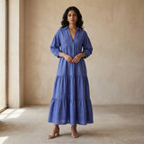 Navy Blue Checks Handspun Cotton Deep-V Maxi Tier Dress