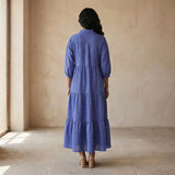 Navy Blue Checks Handspun Cotton Deep-V Maxi Tier Dress