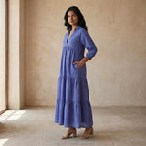 Navy Blue Checks Handspun Cotton Deep-V Maxi Tier Dress