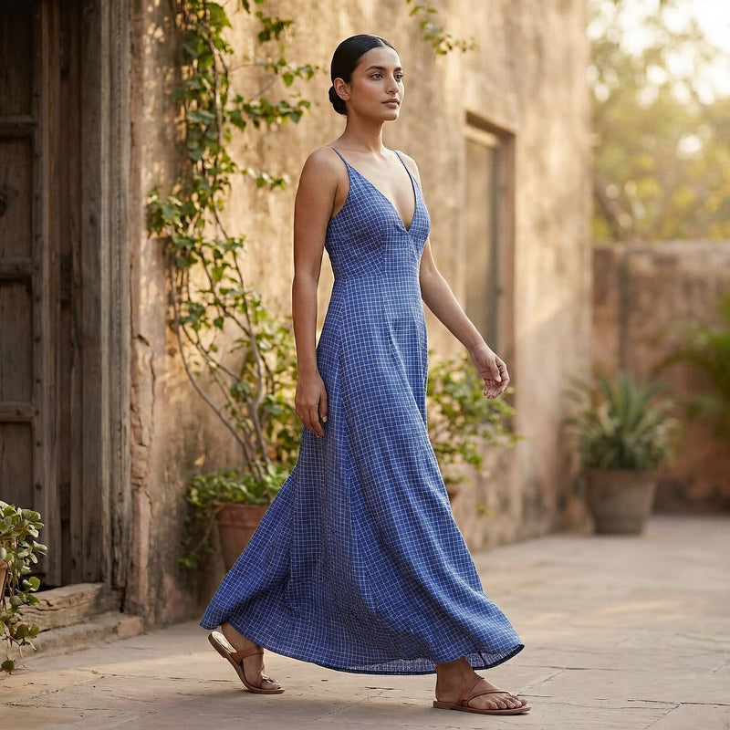 deep v neck maxi dress Buy Navy Blue Checks Handspun Cotton Deep V-Neck Cami Maxi Dress Online at  SeamsFriendly