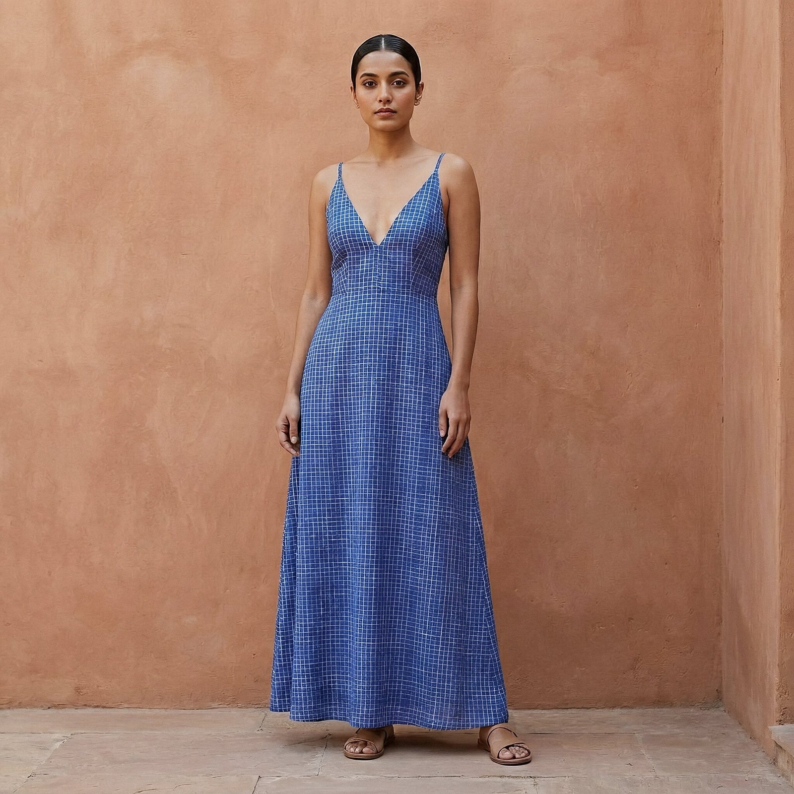 blue cami maxi dress Navy Blue Checks Handspun Cotton Deep V-Neck Cami Maxi Dress 58