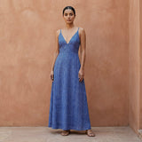 Navy Blue Checks Handspun Cotton Deep V-Neck Cami Maxi Dress