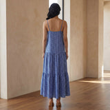 Navy Blue Checks Handspun Cotton Drop-Waist Camisole Maxi Tier Dress