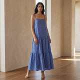 Navy Blue Checks Handspun Cotton Drop-Waist Camisole Maxi Tier Dress