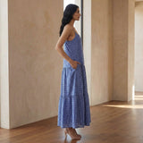 Navy Blue Checks Handspun Cotton Drop-Waist Camisole Maxi Tier Dress