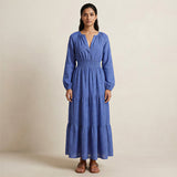 Navy Blue Checks Handspun Cotton Fit and Flare Maxi Tier Dress