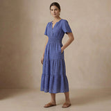 Navy Blue Checks Handspun Cotton Flutter Sleeve Tie-Back Tiered Midi Dress
