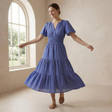 Navy Blue Checks Handspun Cotton Flutter Sleeve Tie-Back Tiered Midi Dress