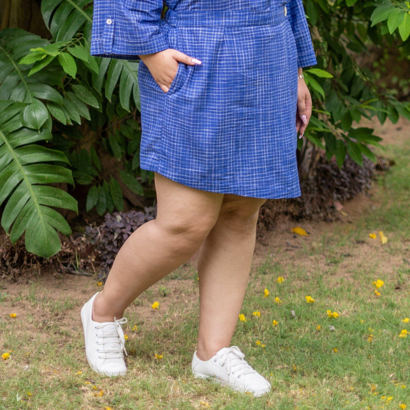 Navy Blue Checks Handspun Cotton High-Rise Skort