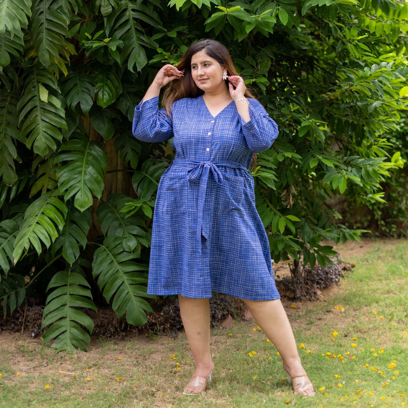 Navy Blue Checks Handspun Cotton Knee Length Button-Down Dress