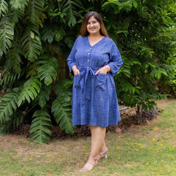 Navy Blue Checks Handspun Cotton Knee Length Button-Down Dress