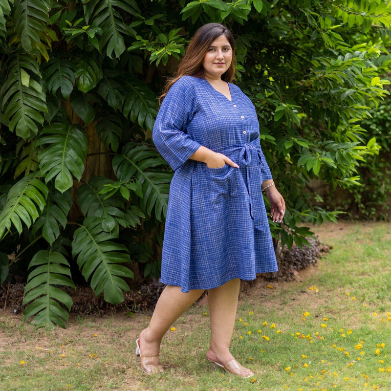 Navy Blue Checks Handspun Cotton Knee Length Button-Down Dress