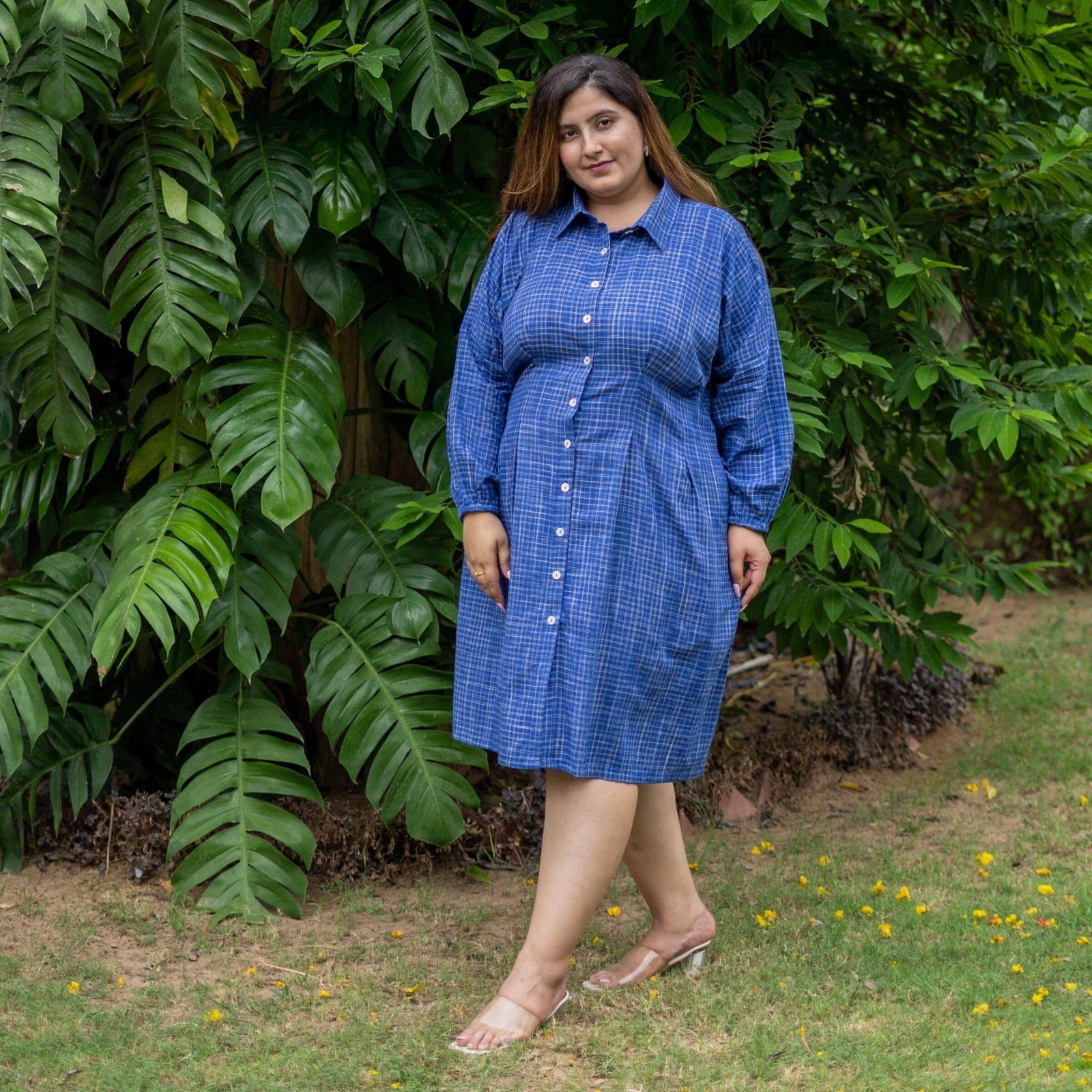 Navy Blue Checks Handspun Cotton Knee Length Button-Down Shirt Dress 32
