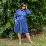 Navy Blue Checks Handspun Cotton Knee Length Button-Down Shirt Dress