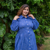 Navy Blue Checks Handspun Cotton Knee Length Button-Down Shirt Dress