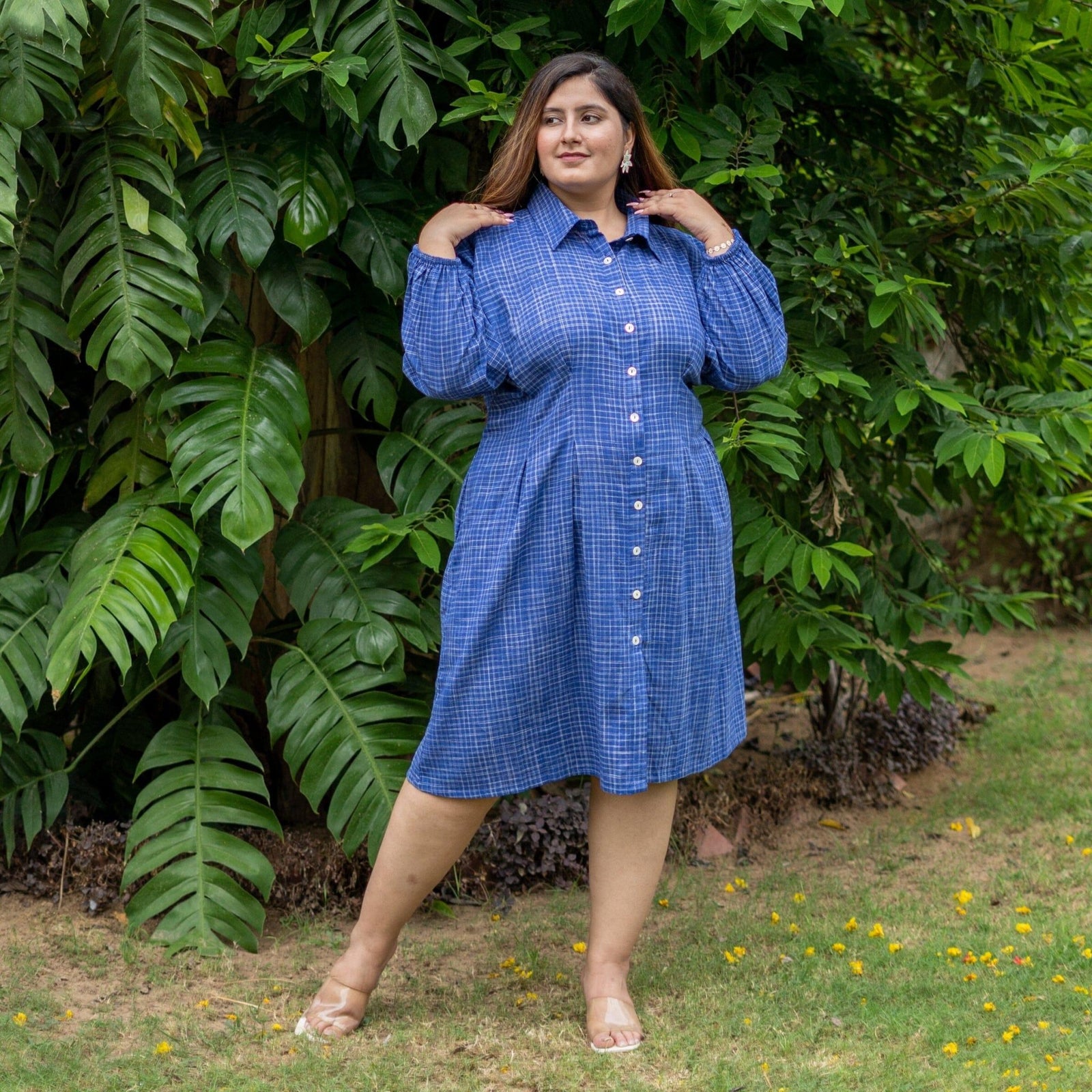 Navy Blue Checks Handspun Cotton Knee Length Button-Down Shirt Dress 32" / Petite (5'1" and below) Navy Blue Checks Handspun Cotton Knee Length Button-Down Shirt Dress 32" / Petite (5'1" and below)