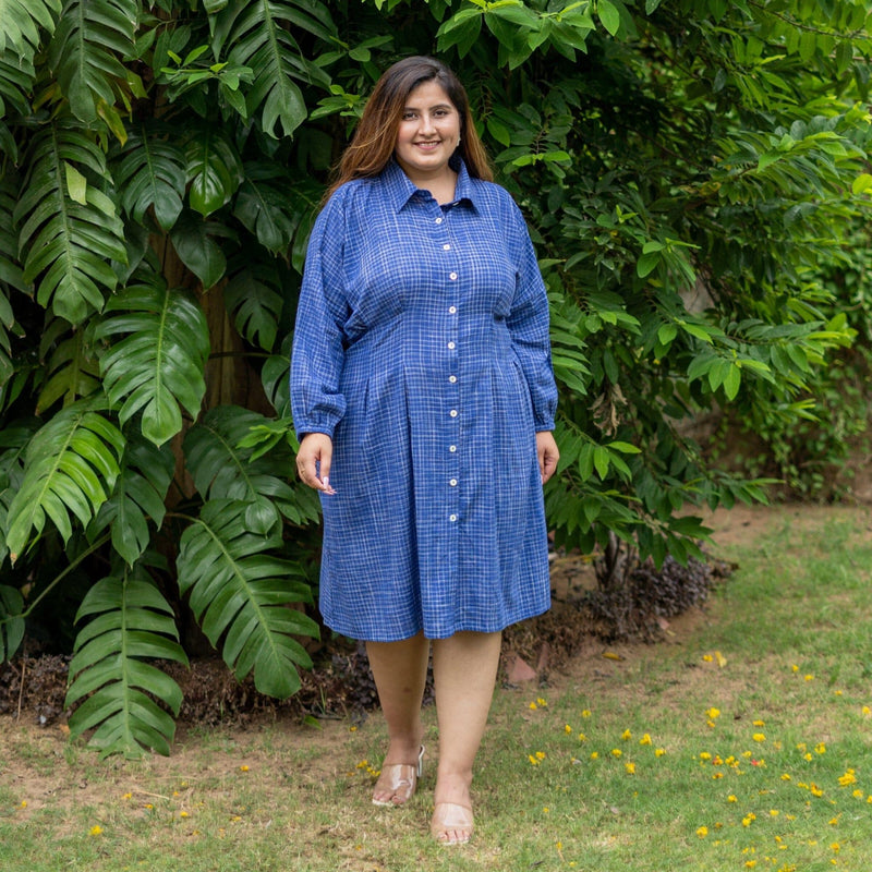Navy Blue Checks Handspun Cotton Knee Length Button-Down Shirt Dress 32" / Petite (5'1" and below) Navy Blue Checks Handspun Cotton Knee Length Button-Down Shirt Dress 32" / Petite (5'1" and below)
