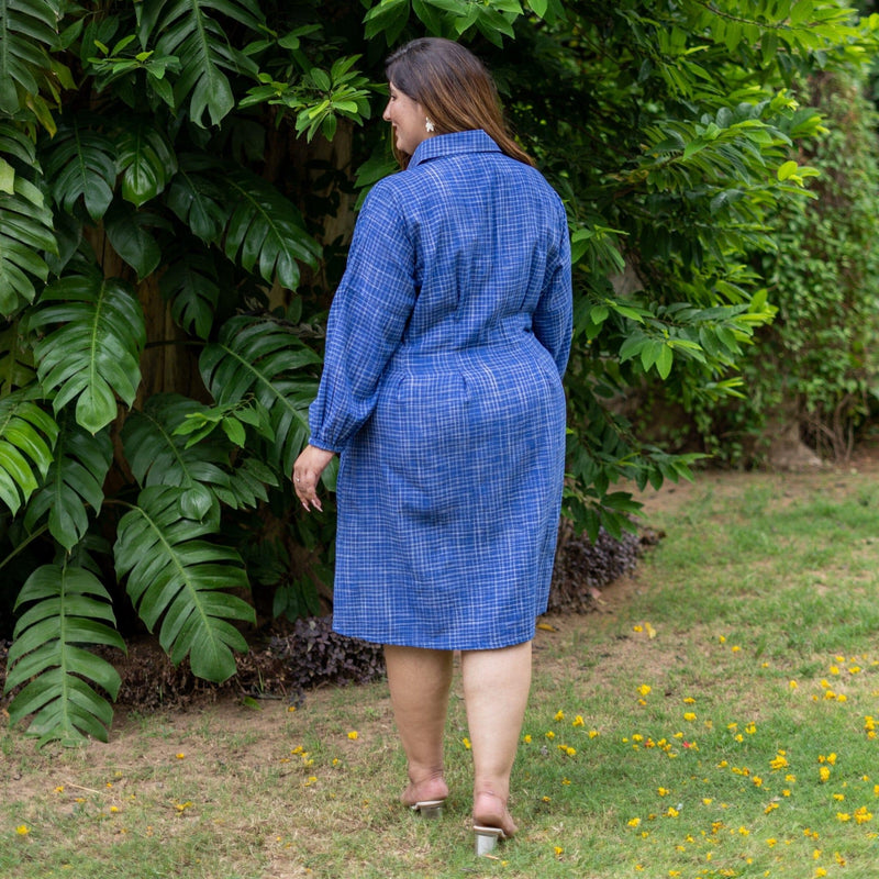 Navy Blue Checks Handspun Cotton Knee Length Button-Down Shirt Dress