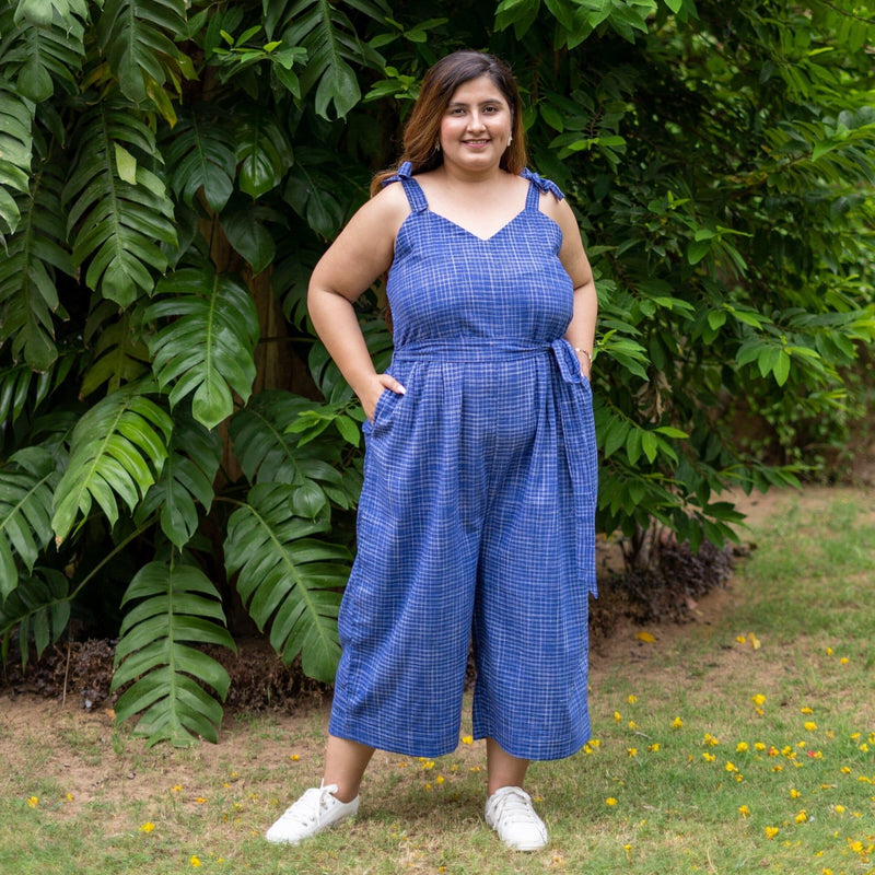 Navy Blue Checks Handspun Cotton Midi Jumpsuit