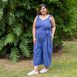 Navy Blue Checks Handspun Cotton Midi Jumpsuit