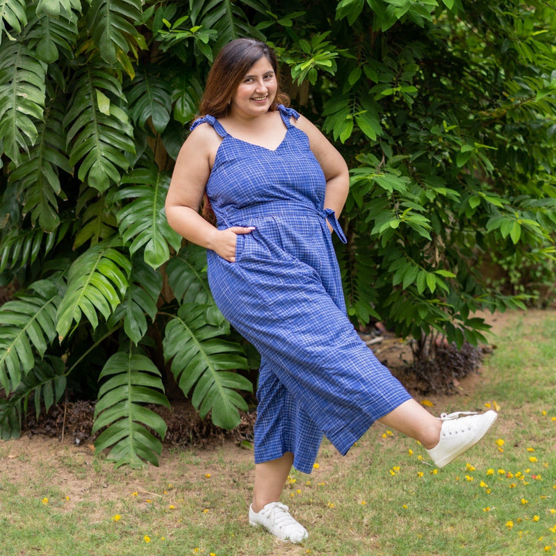 Navy Blue Checks Handspun Cotton Midi Jumpsuit