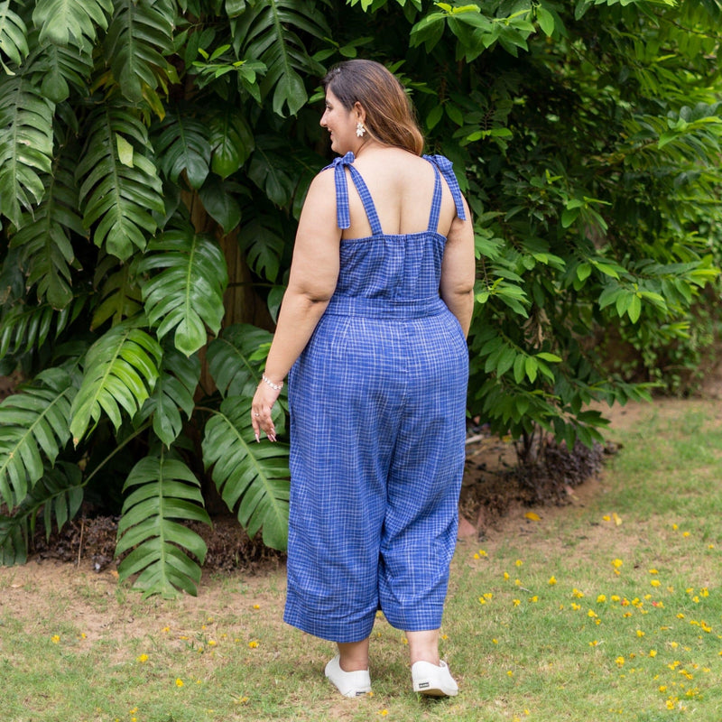 Navy Blue Checks Handspun Cotton Midi Jumpsuit