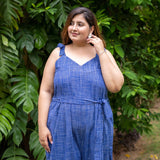 Navy Blue Checks Handspun Cotton Midi Jumpsuit