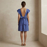 Navy Blue Checks Handspun Cotton Open-Back Fit and Flare Knee Length Dress