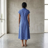 Navy Blue Checks Handspun Cotton Paneled A-Line Midi Dress