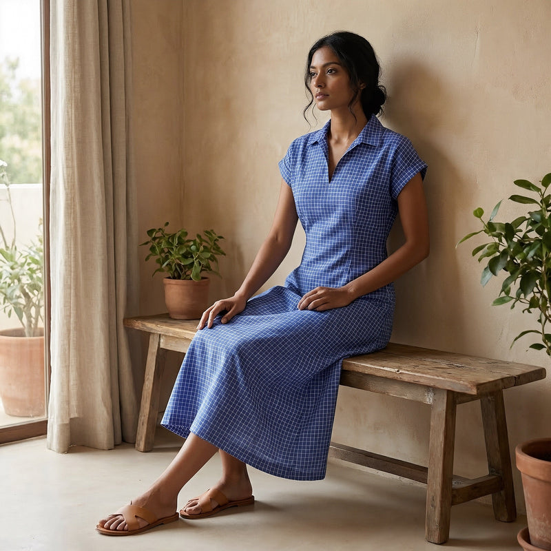 Navy Blue Checks Handspun Cotton Paneled A-Line Midi Dress 64