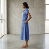 Navy Blue Checks Handspun Cotton Paneled A-Line Midi Dress