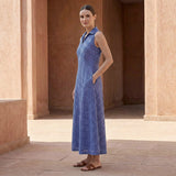 Navy Blue Checks Handspun Cotton Paneled Sleeveless Maxi Dress