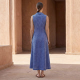 Navy Blue Checks Handspun Cotton Paneled Sleeveless Maxi Dress