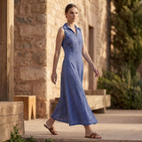 Navy Blue Checks Handspun Cotton Paneled Sleeveless Maxi Dress