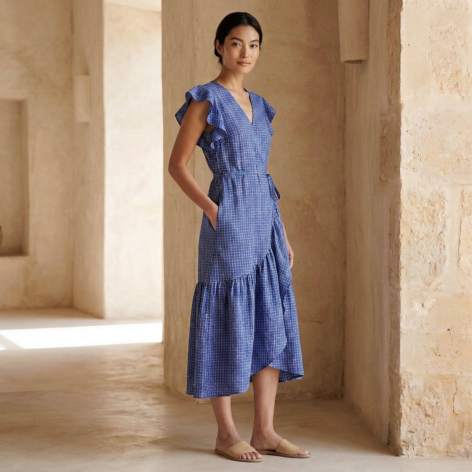 navy blue wrap dress Buy Navy Blue Checks Handspun Cotton Ruffle Midi Wrap Dress Online at  SeamsFriendly