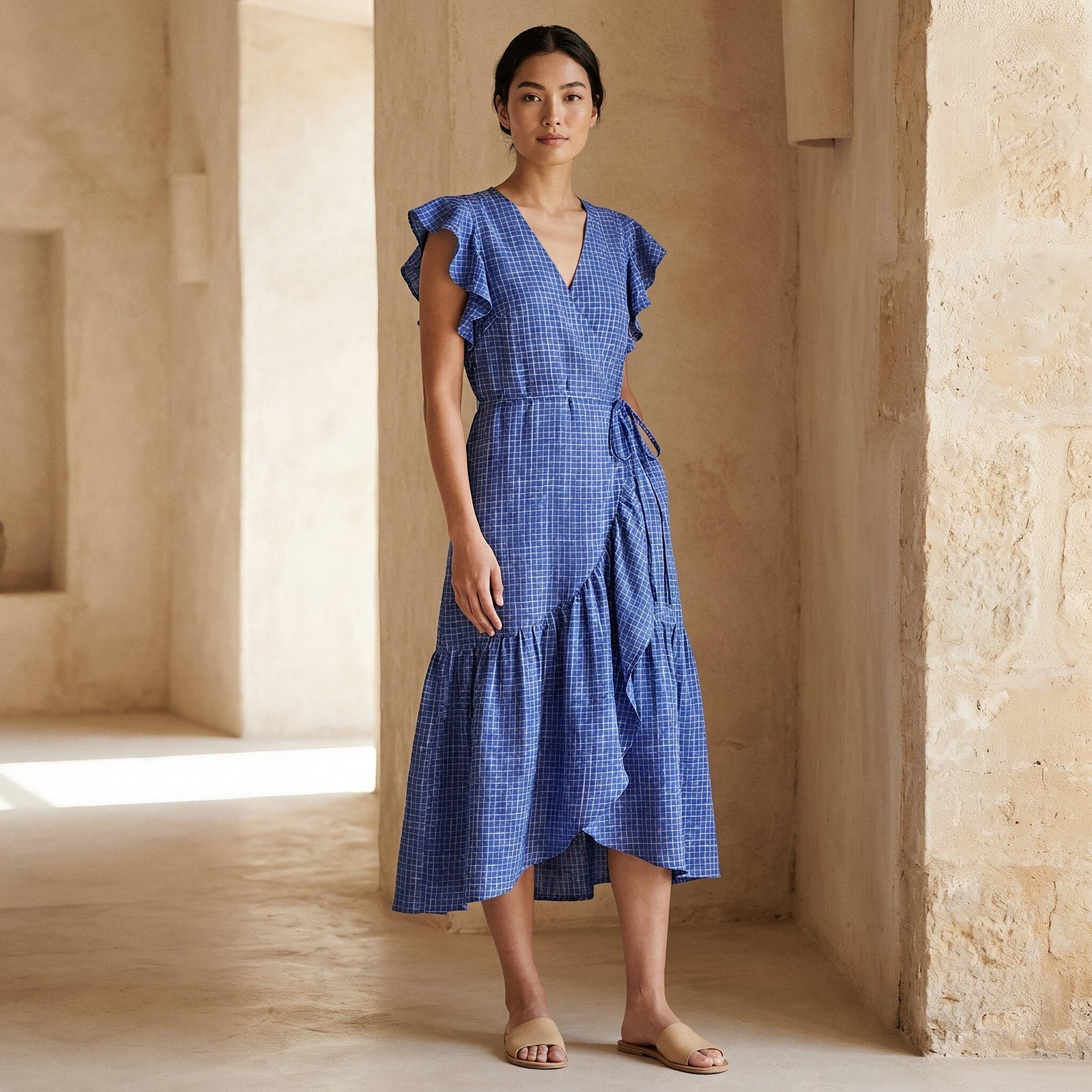navy wrap dress midi Blue Checks Handspun Cotton Ruffle 64
