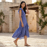 Navy Blue Checks Handspun Cotton Ruffle Midi Wrap Dress