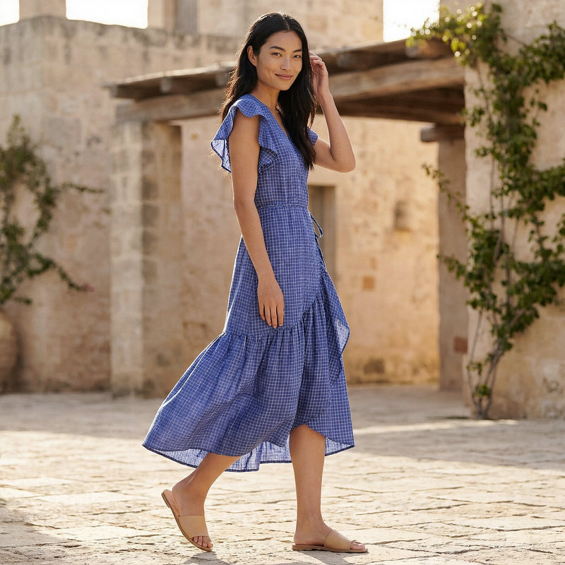 navy blue wrap dress Buy Navy Blue Checks Handspun Cotton Ruffle Midi Wrap Dress Online at  SeamsFriendly