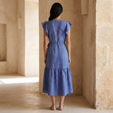 Navy Blue Checks Handspun Cotton Ruffle Midi Wrap Dress
