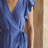 Navy Blue Checks Handspun Cotton Ruffle Midi Wrap Dress