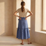 Navy Blue Checks Handspun Cotton Ruffle Midi Wrap Skirt