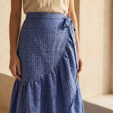 Navy Blue Checks Handspun Cotton Ruffle Midi Wrap Skirt