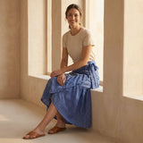 Navy Blue Checks Handspun Cotton Ruffle Midi Wrap Skirt
