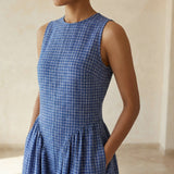 Navy Blue Checks Handspun Cotton Sleeveless Paneled Maxi Dress