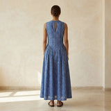 Navy Blue Checks Handspun Cotton Sleeveless Paneled Maxi Dress